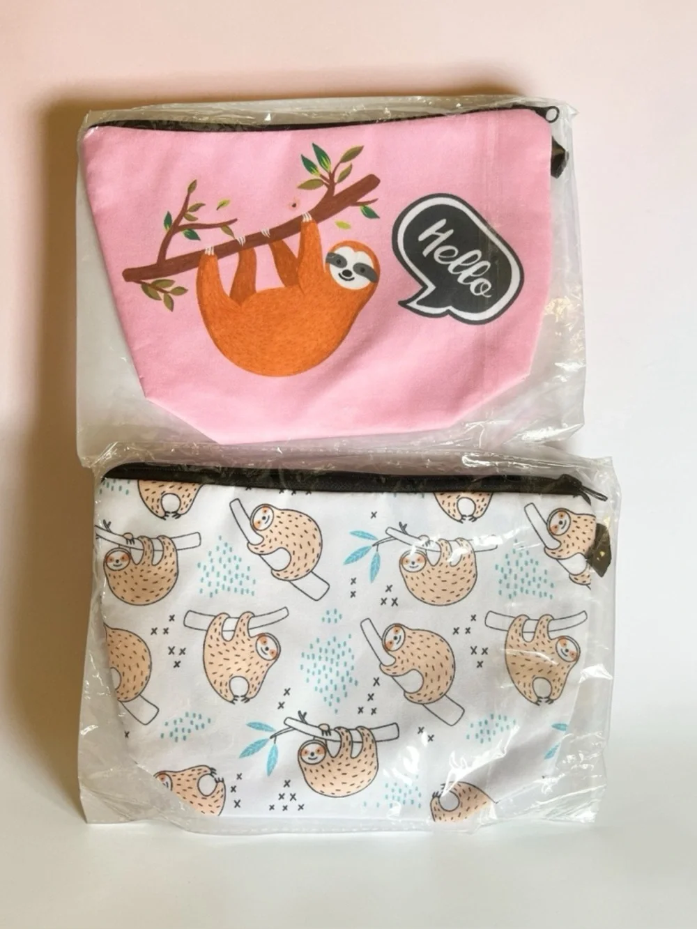 Sloth Print Cosmetic Bags Set - Pink & White